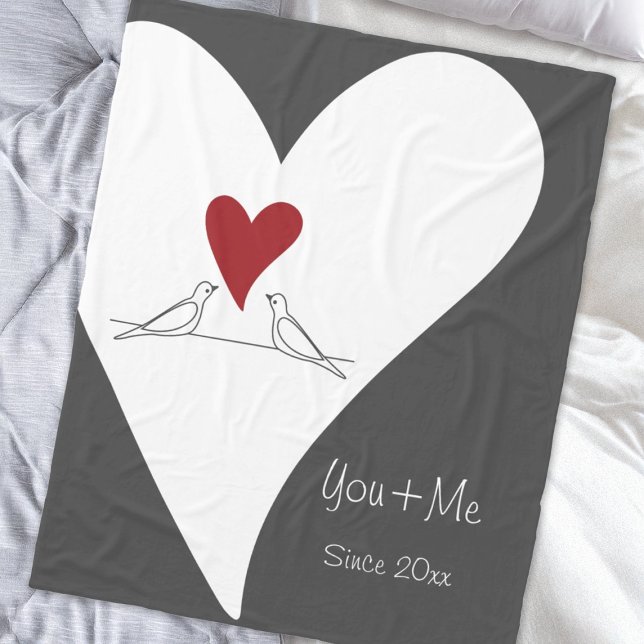 Personalized Simple Modern Love Birds Red Heart Fleece Blanket (Creator Uploaded)