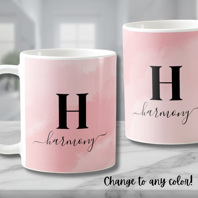 Personalized Simple Modern Pink Monogram Coffee Mug (Pink Elegant Girly Monogram Coffee Mug)