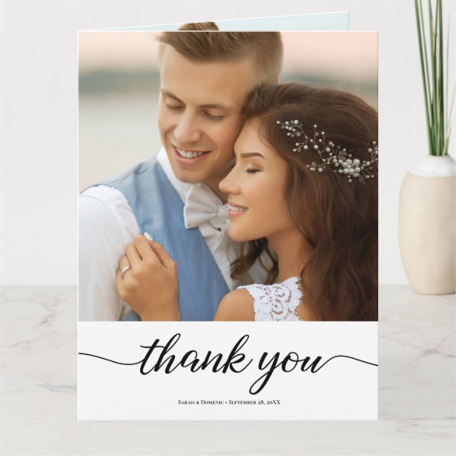Personalized Simple Modern Wedding 2 Photos Letterpress Thank You Card (Front)