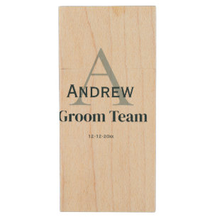 personalized simple monogram groom team groomsmen wood flash drive