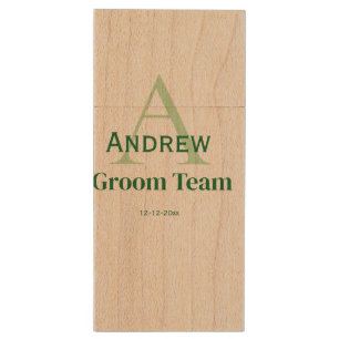 personalized simple monogram groom team groomsmen  wood flash drive