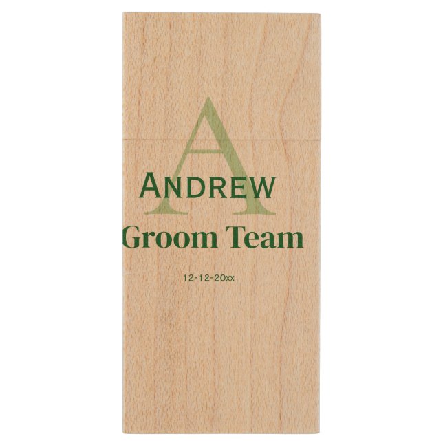 personalized simple monogram groom team groomsmen  wood flash drive (Back (Vertical))