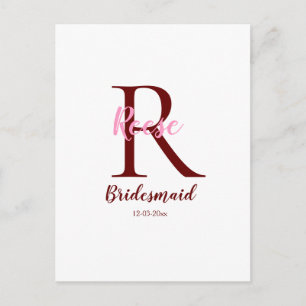 personalized simple monogram name bridesmaid date postcard