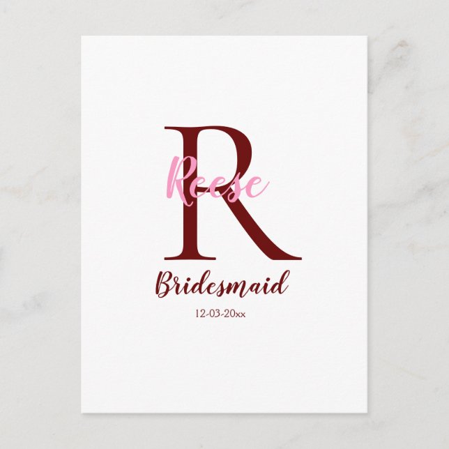 personalized simple monogram name bridesmaid date  postcard (Front)