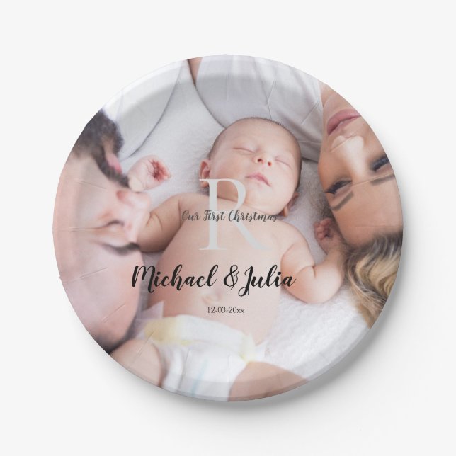 personalized simple monogram name first christmas  paper plates (Front)