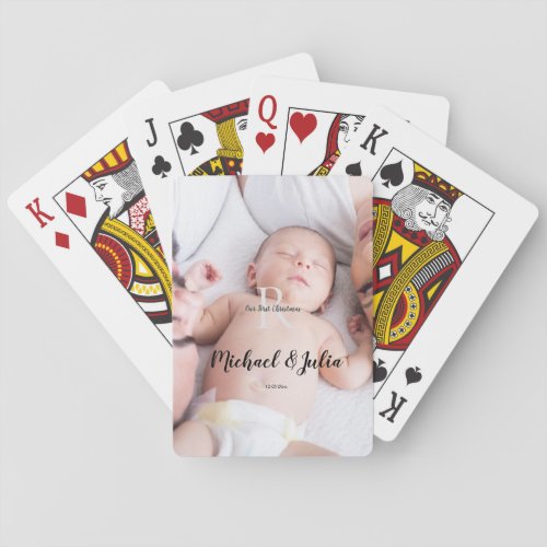 personalized simple monogram name first christmas  playing cards