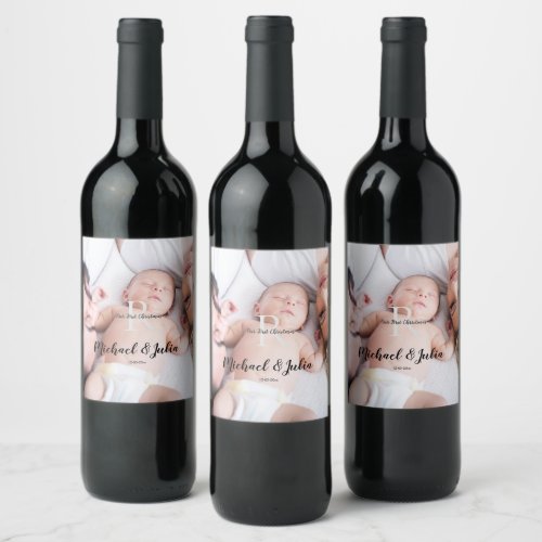 personalized simple monogram name first christmas  wine label