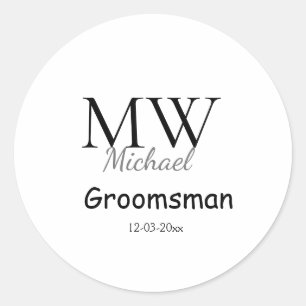 personalized simple monogram name groomsman minima classic round sticker