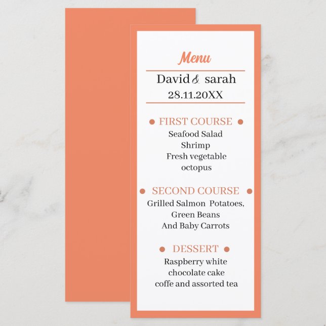 Personalized Simple Orange Wedding Dinner Menu (Front/Back)