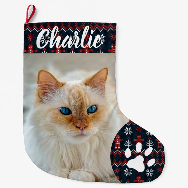 Personalized Simple Paw Pet Photo Monogram Name Large Christmas Stocking (Front)