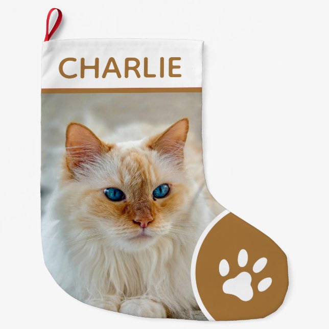 Personalized Simple Paw Pet Photo Monogram Name Large Christmas Stocking (Front)