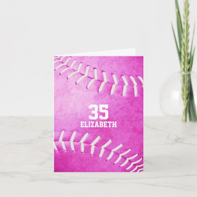personalized simple pink softball sports greeting card (Front)