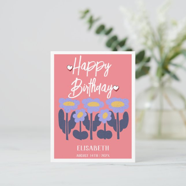 Personalized Simple Purple Floral  Female Birthday Postcard (Standing Front)