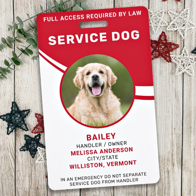 Personalized Simple Red Service Dog Photo ID  Badg Badge (Creator Uploaded)
