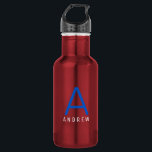 Personalized Simple Red White Blue Initial Name Stainless Steel Water Bottle<br><div class="desc">Red, White, and Blue Personalized Name and Initial Letter Stainless Steel Water Bottle with a Custom Monogram in a trendy modern and minimal classic sans serif font for a simple but sophisticated and masculine look. Shown in blue and white on a red metallic water bottle, the text colors and fonts...</div>