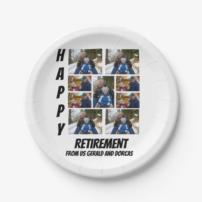 Personalized Simple Retirement  9 Photo Collage  Paper Plates (Front)