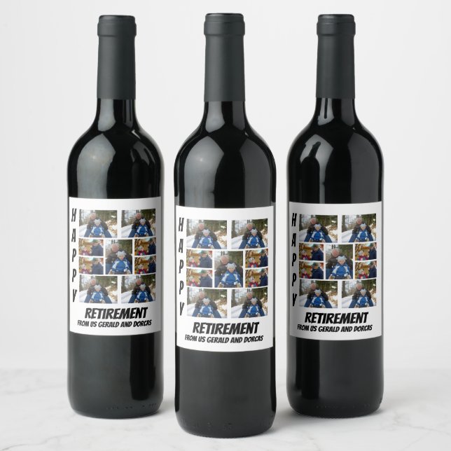 Personalized Simple Retirement  9 Photo Collage Wi Wine Label (Bottles)