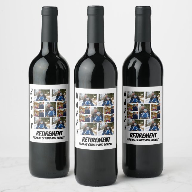 Personalized Simple Retirement  9 Photo Collage Wine Label (Bottles)