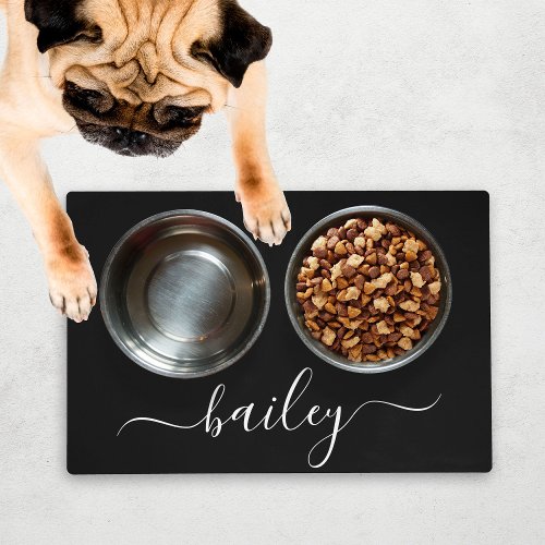 Personalized Simple Script Name Black Dog Food Placemat