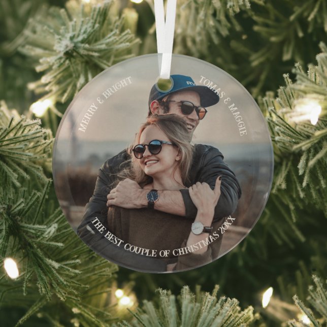 Personalized Simple stylish Cute couple photo Xmas Glass Ornament (Insitu)