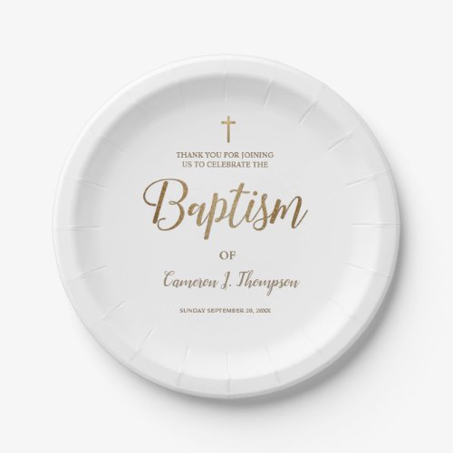 Personalized Simple white Gold Cross Baby Baptism  Paper Plates