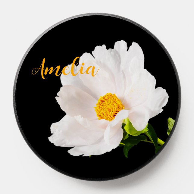 Personalized Simple White Peony Flower On Black PopSocket (Popsocket)