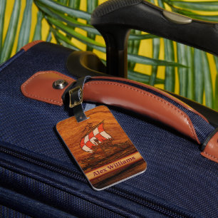 Personalized Simulated Wood Grain Vikings Longship Luggage Tag