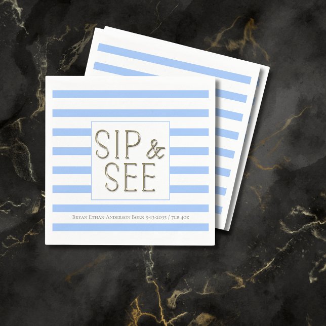 Personalized Sip and See Blue Baby Boy  Striped Napkins (Creator Uploaded)