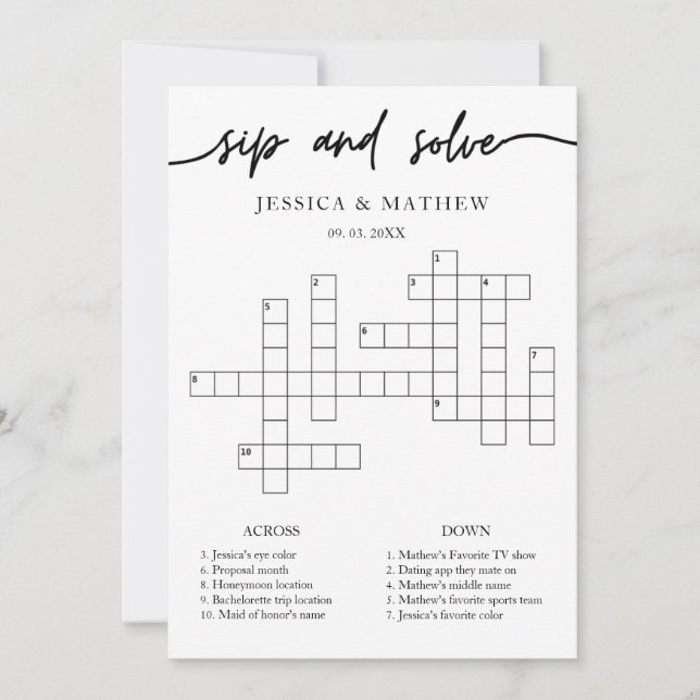 Personalized Sip and Solve Bridal Shower Crossword Invitation