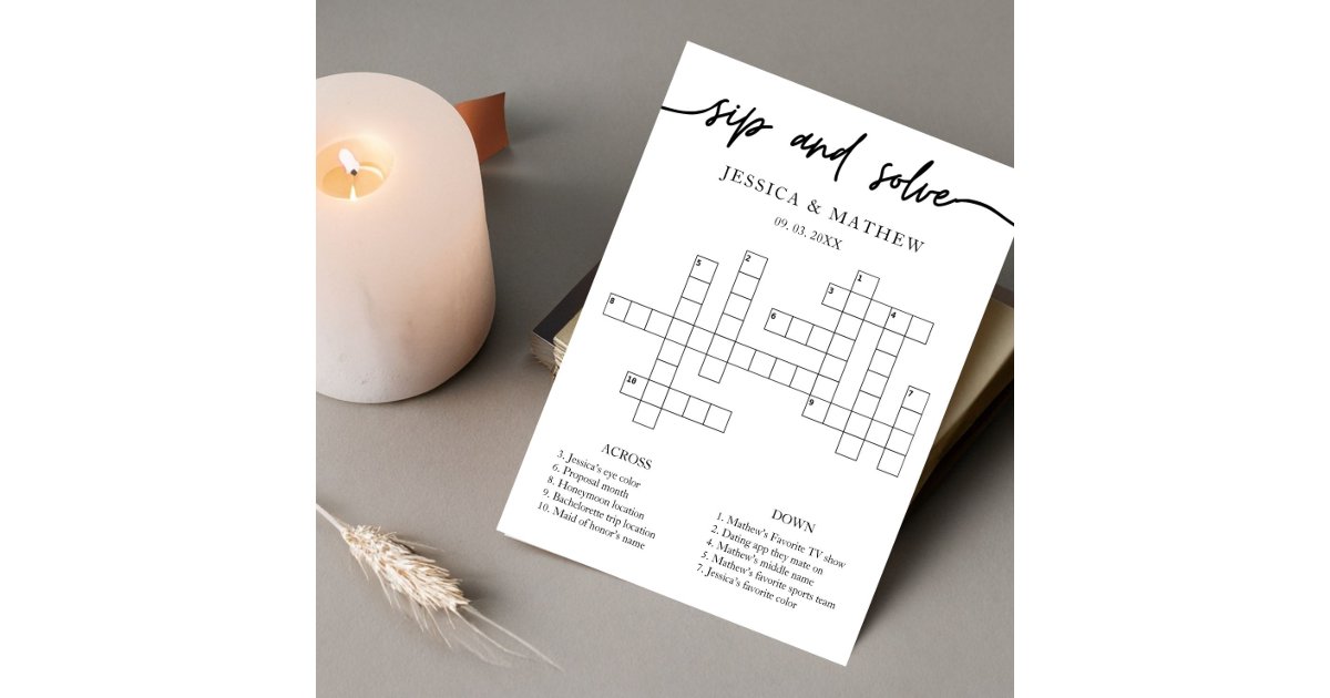 Personalized Sip and Solve Bridal Shower Crossword Invitation