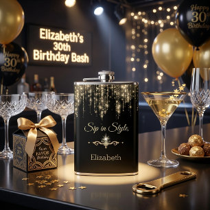 Personalized Sip in Style Glitter Black Gold Flask
