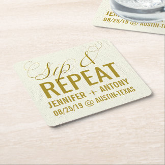 Personalized "Sip & Repeat" Custom Wedding Favor Square Paper Coaster