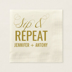 Personalized "Sip & Repeat" Wedding Cocktail Paper Napkins