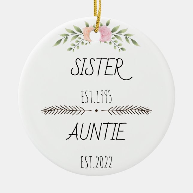 Personalized Sister Auntie Est Custom Year, Flower Ceramic Ornament (Front)