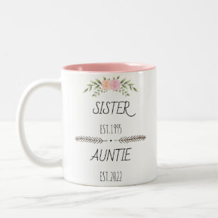 Personalized Sister Auntie Est Custom Year, Flower Two-Tone Coffee Mug