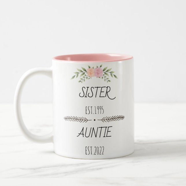 Personalized Sister Auntie Est Custom Year, Flower Two-Tone Coffee Mug (Left)