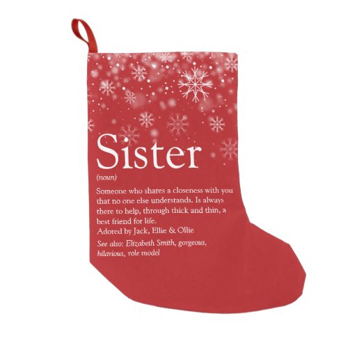 Personalized Sister Definition Quote Holiday Snow Small Christmas Stocking