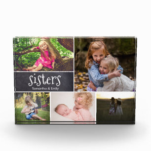 Personalized Sisters Photo Collage chalkboard etch Block