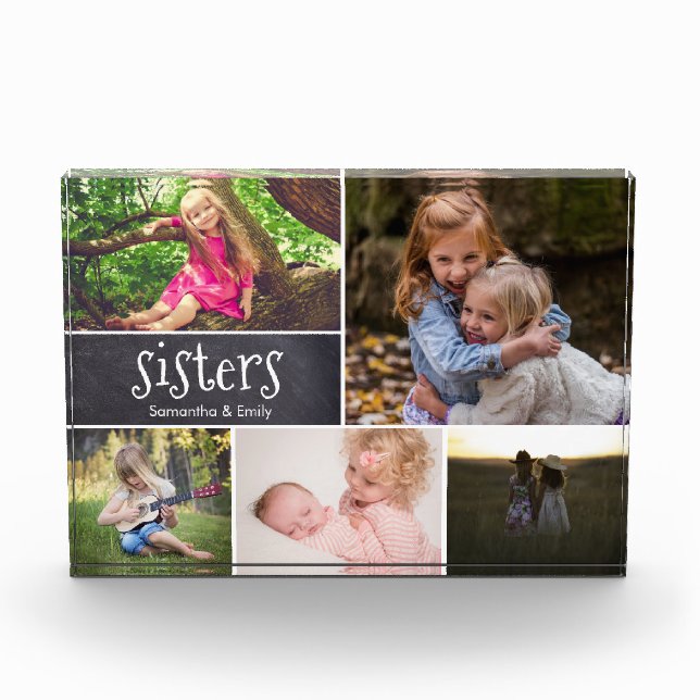 Personalized Sisters Photo Collage chalkboard etch Block (Front)
