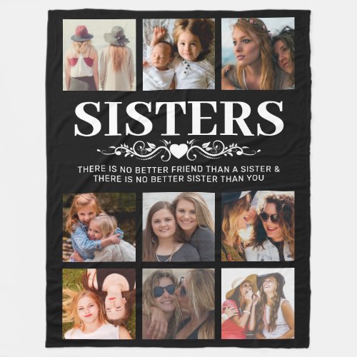 Personalized Sisters Photo Collage Fleece Blanket - Cute personalized sister blanket featuring a stylish black background that can be changed to any color, 9 square pictures, and a sweet family sister quote.