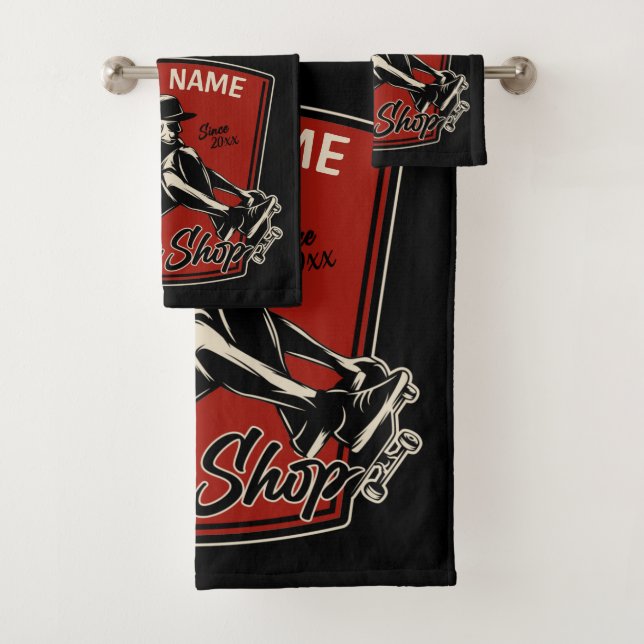 Personalized Skate Shop Grab Trick Skateboarding  Bath Towel Set (Insitu)