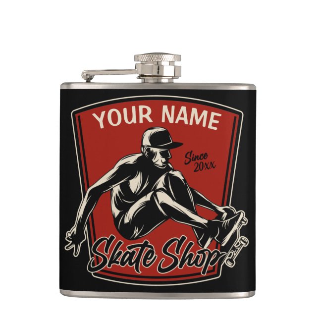 Personalized Skate Shop Grab Trick Skateboarding  Flask (Front)
