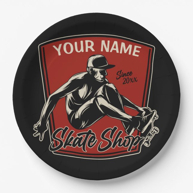 Personalized Skate Shop Grab Trick Skateboarding Paper Plates (Front)