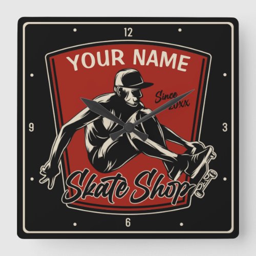 Personalized Skate Shop Grab Trick Skateboarding Square Wall Clock