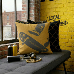 Personalized Skateboard Jump – Black And Gold Throw Pillow