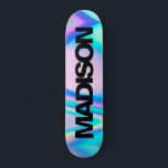 Personalized Skateboard Name Black Holographic<br><div class="desc">Easily personalize this colorful Skateboard on Holographic Rainbow Pastel Wave abstract design featuring black and cool sans serif font on Unicorn aesthetic with a modern and cute touch of fairy. Add your name,  choose font,  change size and position,  add clipart,  photos and shapes.</div>
