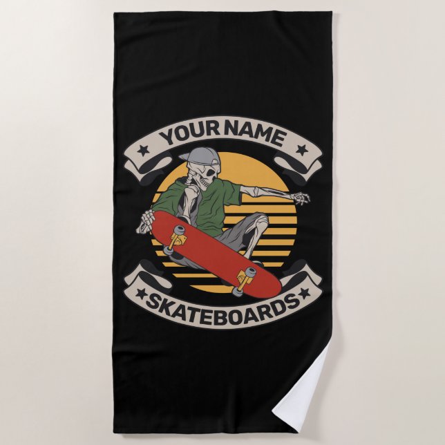 Personalized Skateboard Nose Grab Skeleton Skater  Beach Towel (Front)