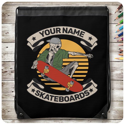 Personalized Skateboard Nose Grab Skeleton Skater  Drawstring Bag