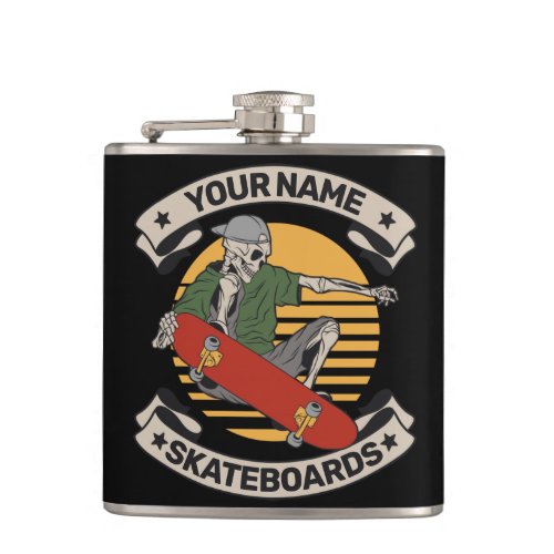 Personalized Skateboard Nose Grab Skeleton Skater  Flask