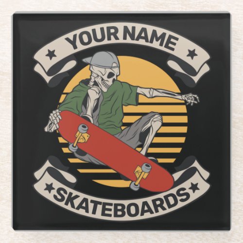 Personalized Skateboard Nose Grab Skeleton Skater  Glass Coaster